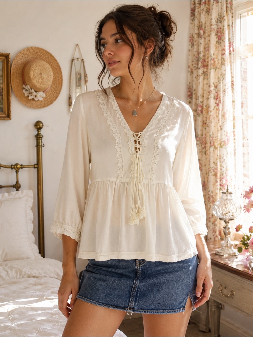 Janasya Ivory Lace Up Babydoll Top Medium Boho Crochet Trim Peasant Blouse